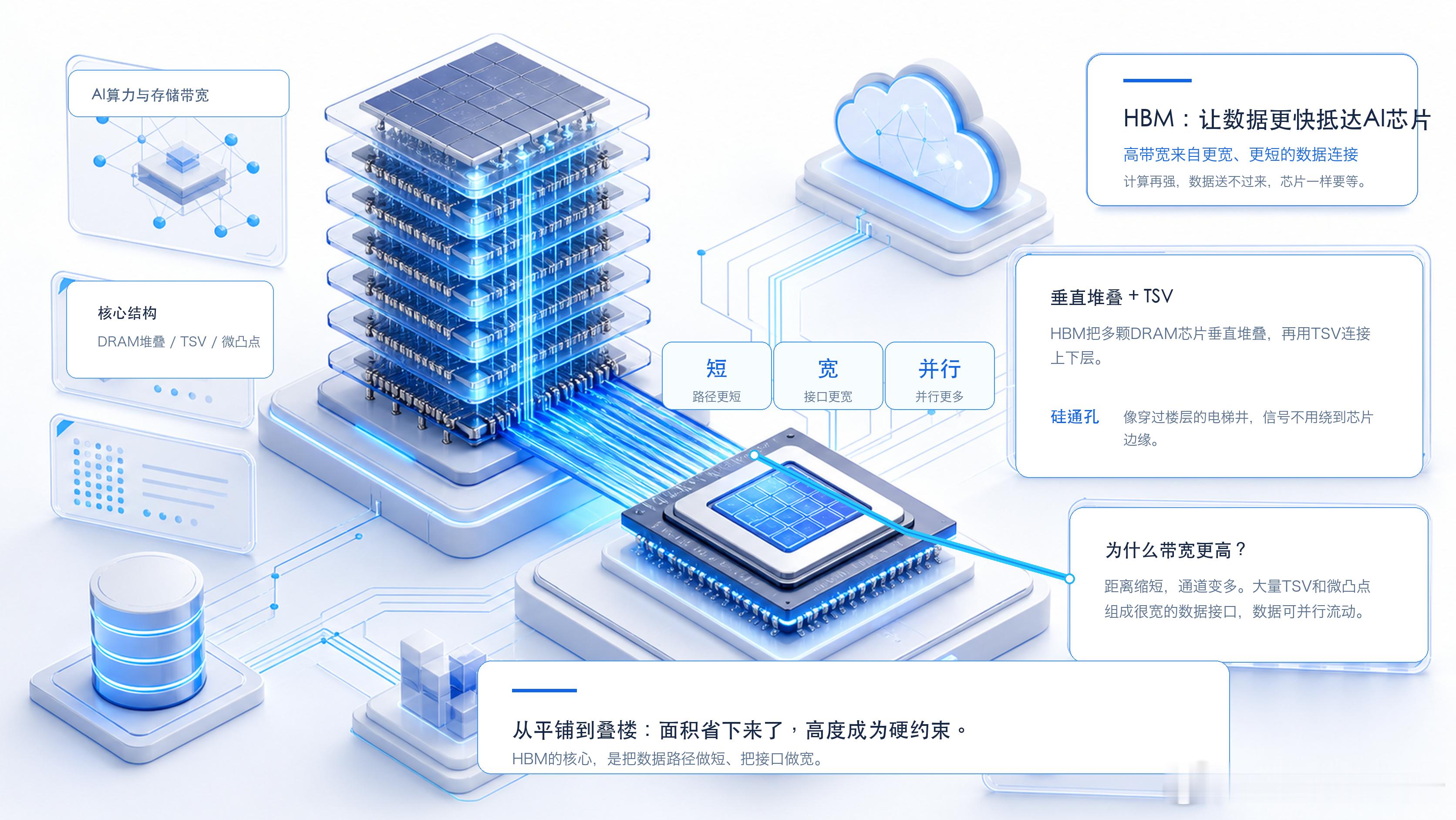 HBM从8层叠到12层，封装却没有变厚

一颗HBM，要把多层DRAM芯片摞在一起。
2019年，三星公开过一项12层3D-TSV封装技术：12颗DRAM芯片装进720微米厚的封装里，厚度和当时的8层HBM2相当。层数多了四层，封装却没有跟着长高。
留给每一层的空间，只能继续压缩。晶圆磨到一定程度后，已经很难靠自己安全走 ​