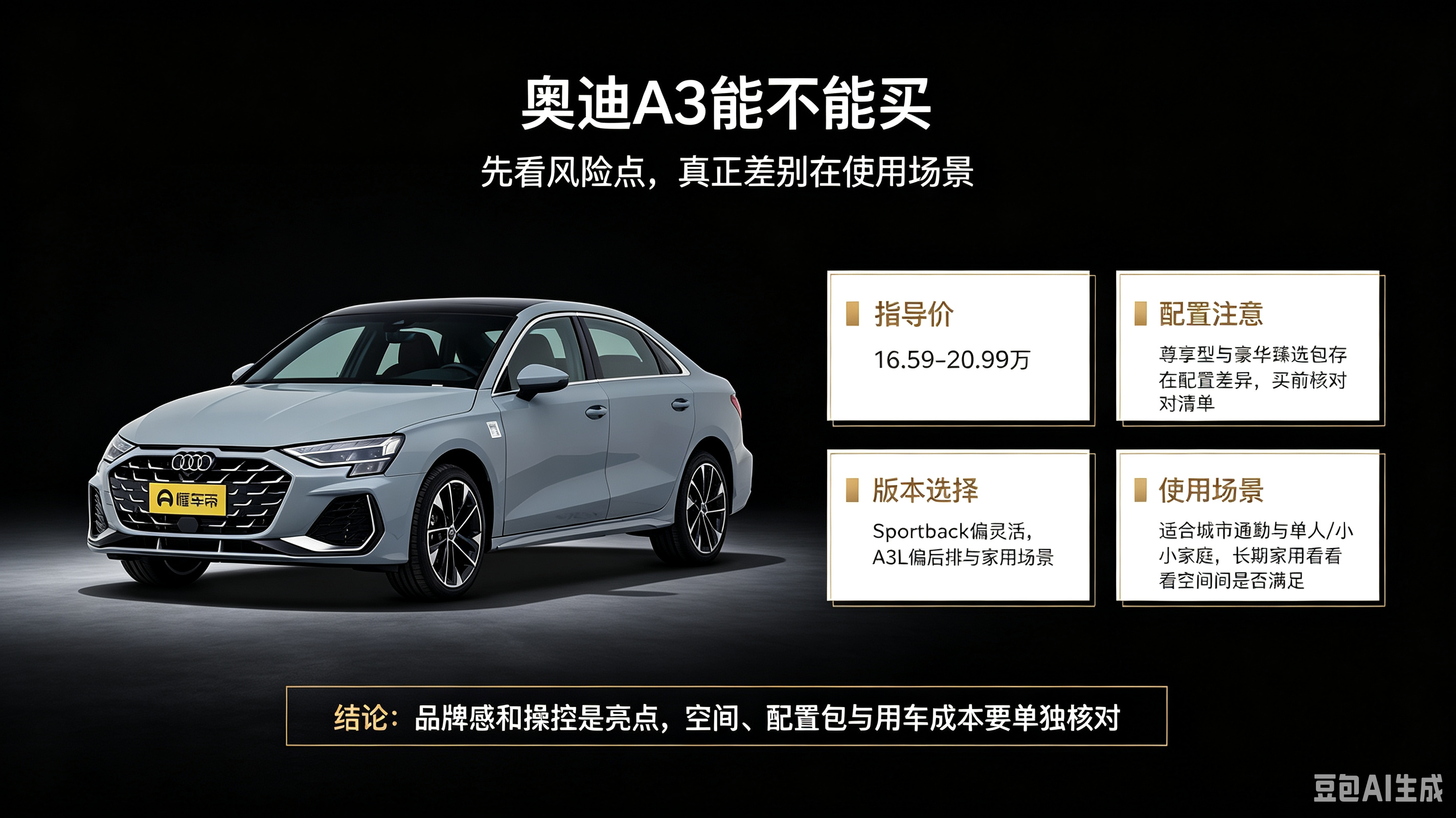 奥迪A3能不能买，先看风险点和使用场景。指导价16.59-20.99万，品牌感和操控是亮点，但空间、配置包与用车成本要单独核对。Sportback偏灵活，A3L偏后排和家用场景；尊享型与豪华臻选包存在配置差异，买前务必核对清单。适合城市通勤和小家庭，长期家用建议先体验空间是否满足。【来自懂车帝车友圈