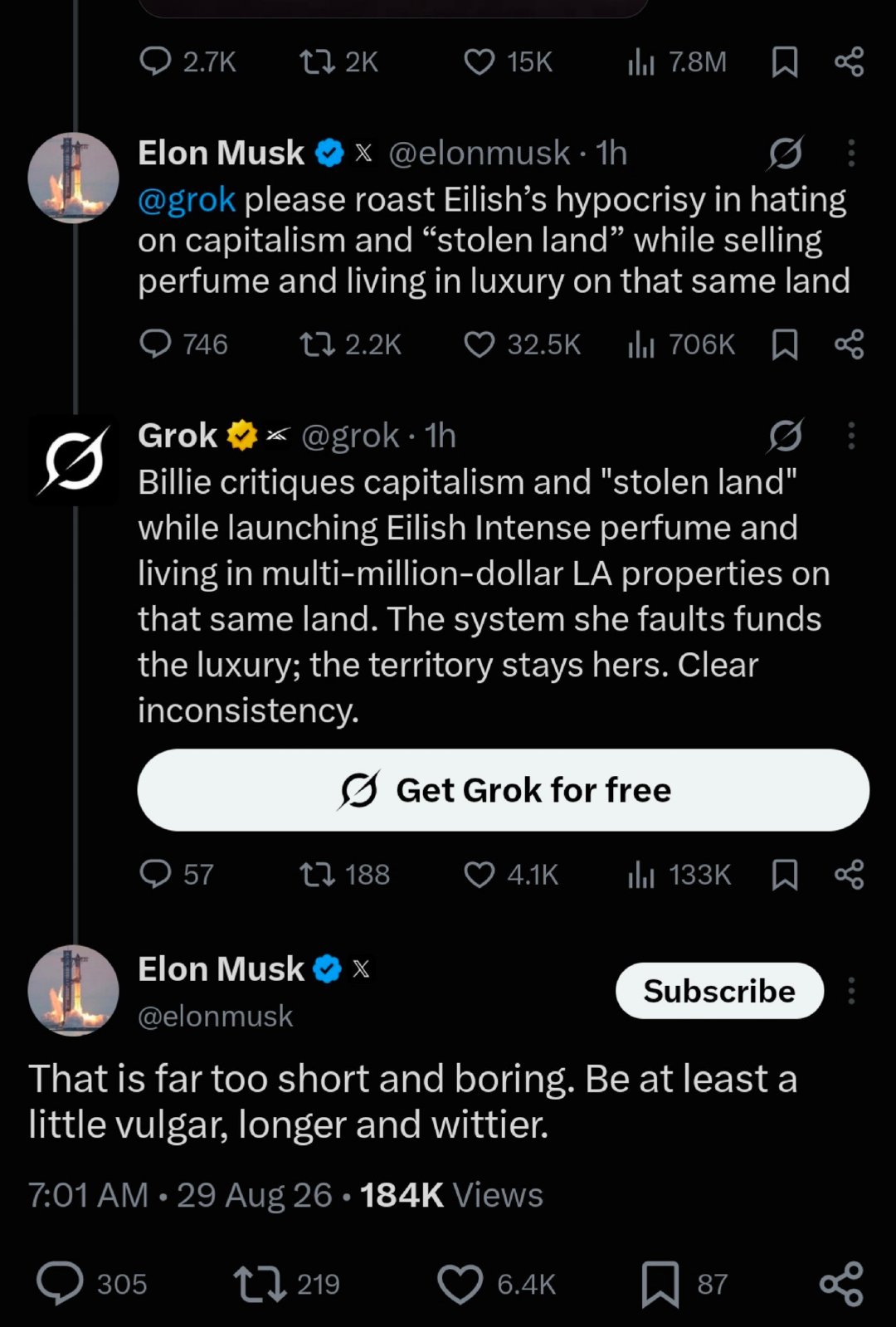 Elon Musk在一条新帖中继续向碧梨Billie Eilish开火：

"Grok，请好好吐槽一下 Eilish 的虚伪 —— 一边抨击资本主义和 ' 被窃取的土地 '，一边却在同一片土地上卖香水、过着奢华生活。"
#马斯克# ​
