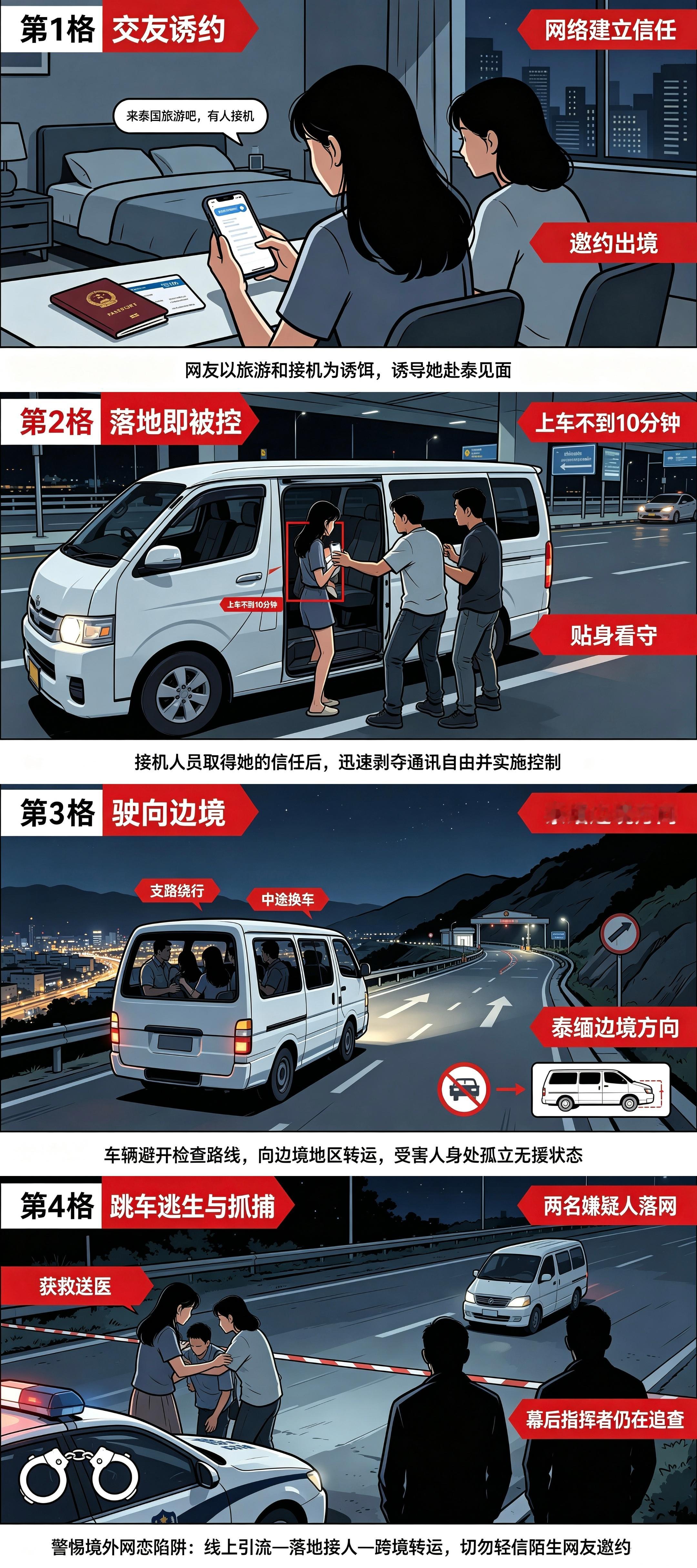 #24岁女子赴泰见男网友被绑往边境#
泰国警方公布了一桩惊心动魄的案件。
一名二十四岁女生，被网络上认识的网友邀约前往泰国。
 
刚刚走出机场，她坐上对方安排好的接机车辆。
仅仅十分钟，手机就被抢走，人身遭到控制，车子一路朝着泰缅边境疾驰而去。
 
就在被押送途中，她抓住机会，毅然从行驶的车 ​