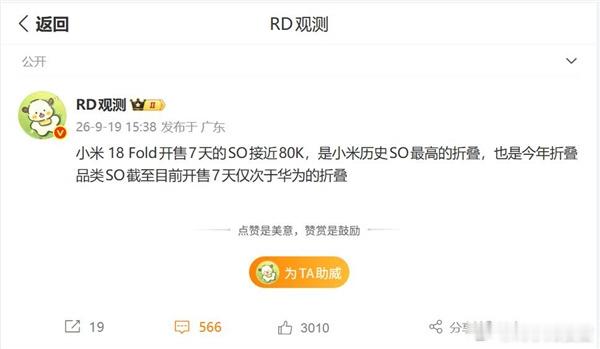 #小米18Fold##折叠屏手机#
小米18 Fold开售7天SO接近80K，拿下小米折叠机型历史新高，今年折叠品类首周销量仅次于华为，这份成绩单确实亮眼。
 
但好看的销量数据掩盖不了现存短板。

不少博主和用户都在吐槽软件适配、机身设计的各类问题。折叠屏赛道拼到最后，从来不是单纯拼首销数字。硬件堆料容易 ​
