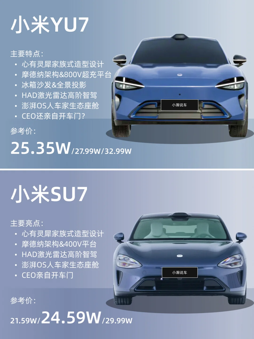 小米YU7售价公布！对决小米SU7你会怎么选？