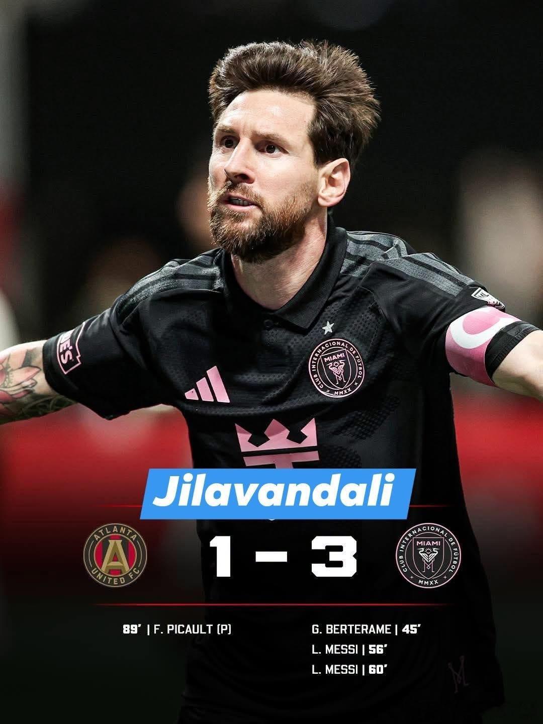 梅西在今天對陣亞特蘭大聯的比賽中表現如下：

⚽️ — 2個進球
✅ — 4次射正
✅ — 3次成功過人
✅ — 5次地面爭搶成功
✅ — 6次精準長傳
✅ — 3次奪回球權
⭐️ — SofaScore評分：10/10（全場最高）
🏆 — 榮獲官方全場最佳球員（MOTM）獎項

在競爭激烈、防守強悍的頂級職業賽場上，一場比賽 ​