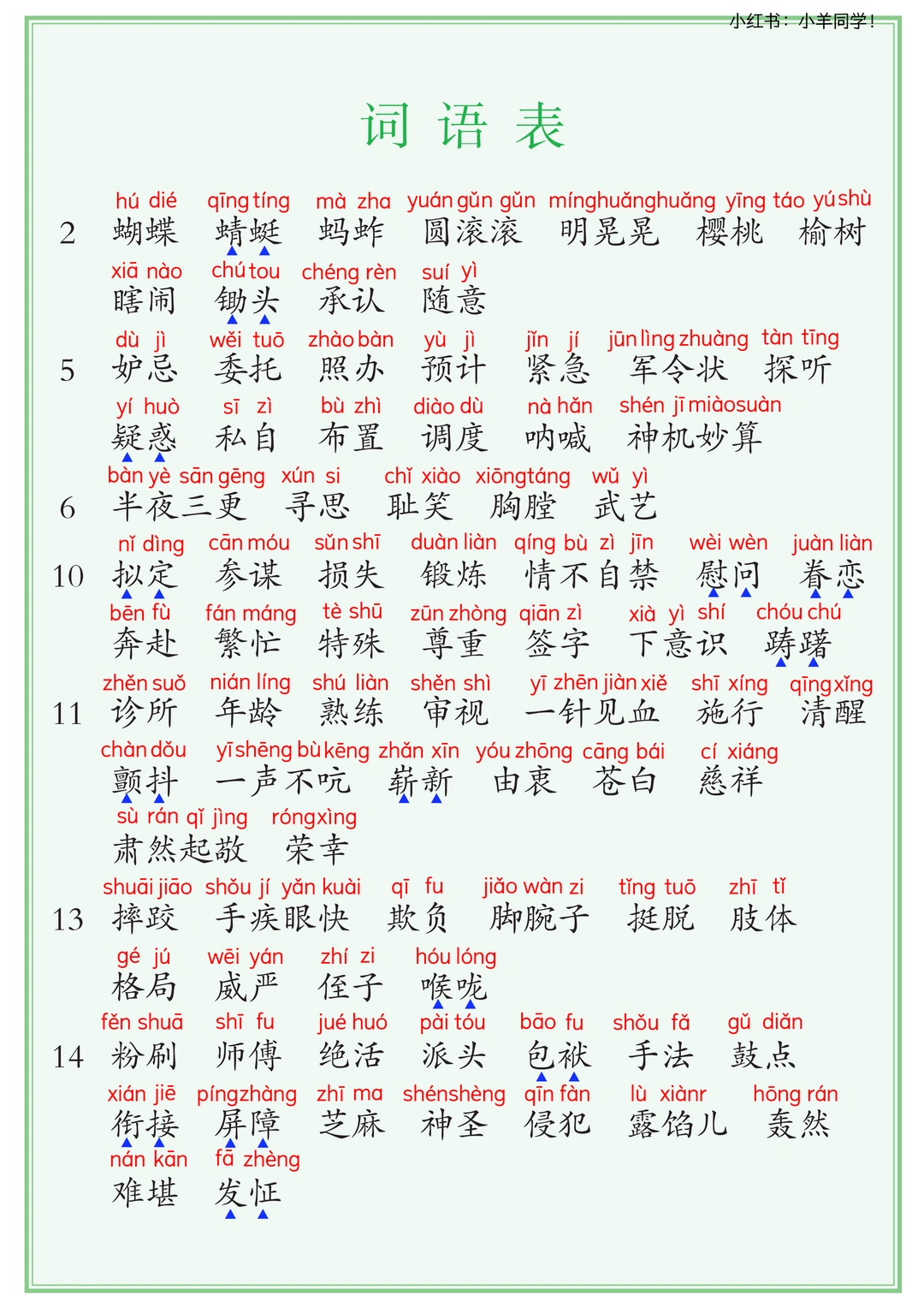 五年级下册丨词语表+识字表+写字表