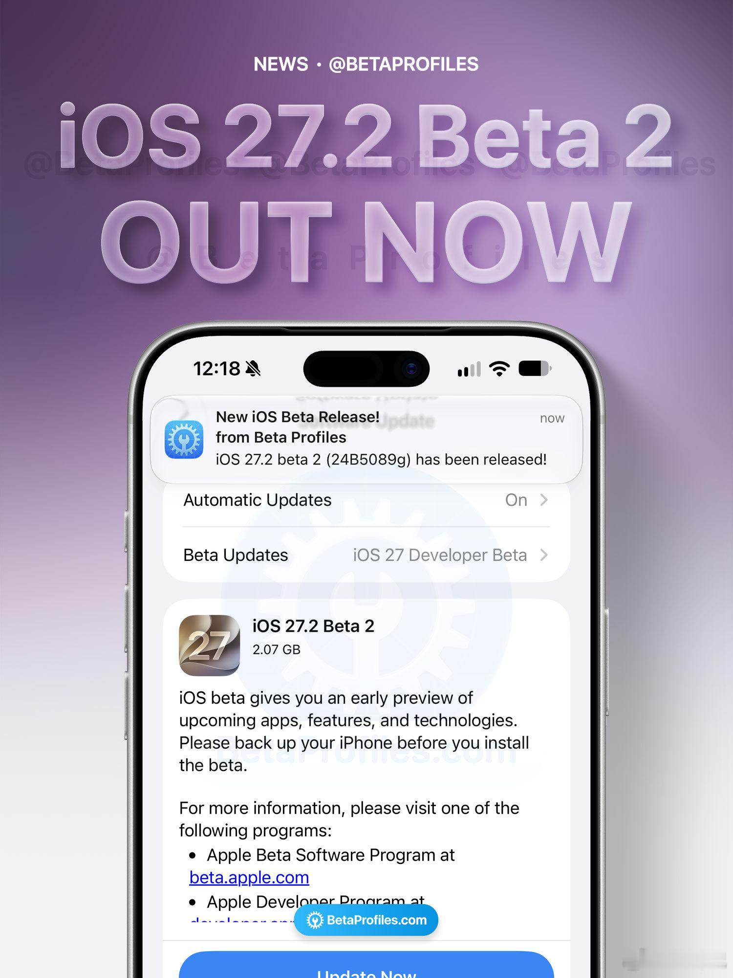 苹果的更新节奏没停，吐槽也没停。

iOS 27.2 beta 2 已向开发者推送，距离 iOS 27 正式版没多久。
但这两天社区的焦点全在"续航"上：不少人反馈相比 iOS 26 几乎没改善，甚至更耗电；也有人建议等系统索引重建完成再观察。

另外，知名爆料号 Beta Profiles 此前账号被盗、错过 iOS 27 首发，本周终于 ​