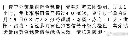 [普宁分镇暴雨橙色预警]受强对流云团影响，过去1小时，我市麒麟雨量已超...