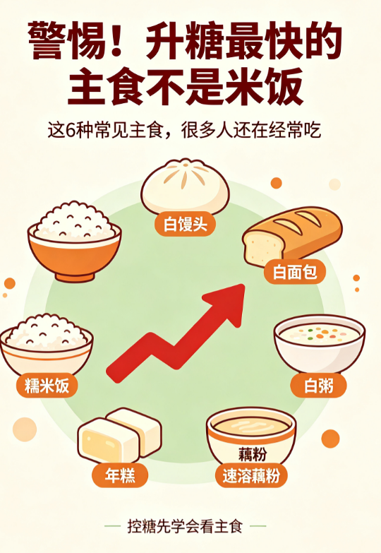 升糖快的6种主食，米饭没排上
一碗白粥的GI值能到90，跟葡萄糖只差10。比白米饭还猛。以下6种家常主食，升糖速度可能比你天天防着的米饭更快。
凉皮，精制小麦淀粉做的，淀粉糊化程度极高，进肚子就被快速分解吸收，餐后血糖能长时间挂在高位。葱油饼紧随其后，精制面粉做底，制作时吸进去大量油脂，高油加精制碳