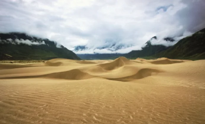 西藏的沙漠，与雪山同框
