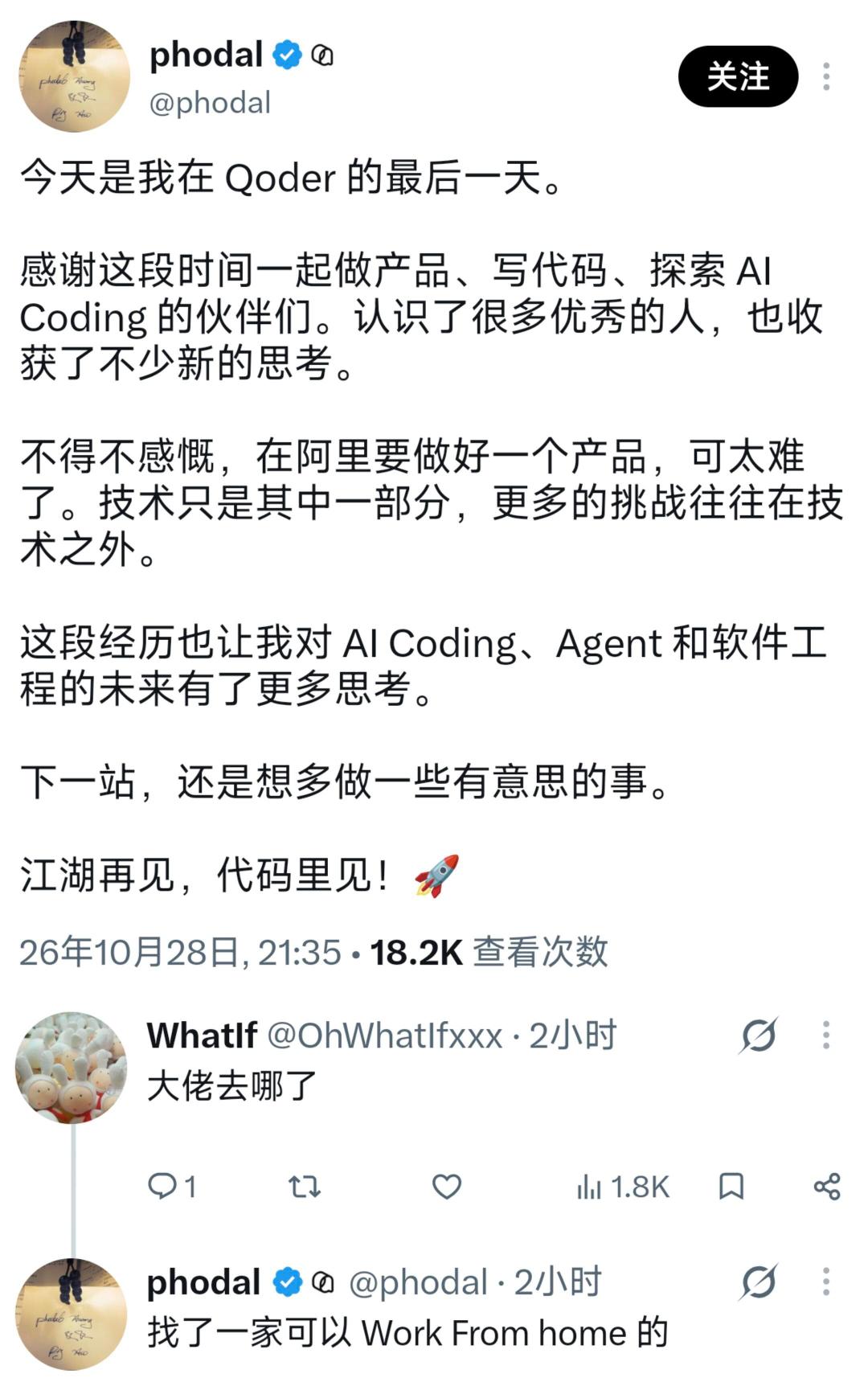 阿里Qoder技术大佬突然宣布离职了[衰] ​