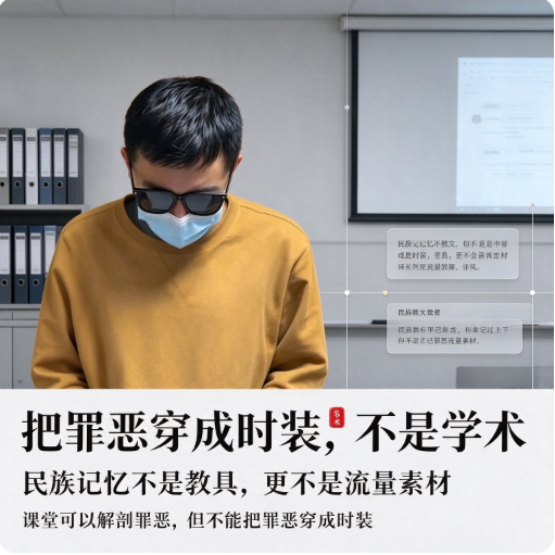 一个历史系留学生，把旭日旗披在了身上。他说这是“学术展示”。可学术和表演的边界，从来不在道具，在姿态。

道歉视频流出来的时候，投诉已经递到了使馆。时间线比任何辩解都诚实。

真正让人后背发凉的，是一个学历史的人，精准地知道那面旗子意味着什么，却依然选择把它贴在自己皮肤上。

这不是无知，是傲慢。课