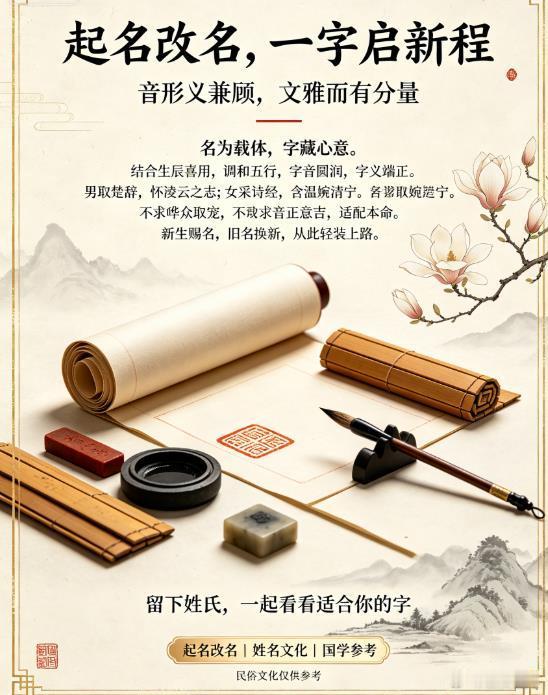名字，是人一生随身的符。八字命理  起名 宝宝取名 宝宝起名 八字有格局，五行有盈亏，一字之差，气场迥然。不少人行事勤恳，却总是阻碍重重、机遇擦肩而过，往往忽略了名字带来的无形影响。起名不是单纯挑好听字，改名也不是追求花哨。结合生辰喜用，调和五行，字音圆润，字义端正，引古籍文脉，藏吉意于名中。男取楚辞，怀凌云之志；女采诗经，含温婉清宁。一个适配自身的好名字，是自我的正向暗示，助你趋吉纳福，遇事顺遂。无论是新生儿起名，或是成人改名、改网名字号。留下你的姓氏与生辰，细析格局，定制专属佳名。起名改名 姓名学 国学文化 宝宝起名 成人改名