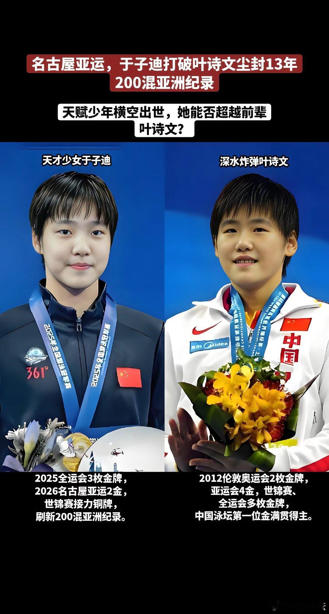 13岁的于子迪在名古屋亚运会夺得200米蝶泳和200米个人混合泳金牌，刷新亚洲纪录，距世界纪录仅0.4秒。前辈叶诗文15岁世锦赛夺冠，16岁伦敦奥运会两金，成为中国首位金满贯选手。因伤病和身体发育，叶诗文逐渐淡出，如今退役。两代天才少女在泳池完成传承。 #于子迪刷新亚运纪录# ​