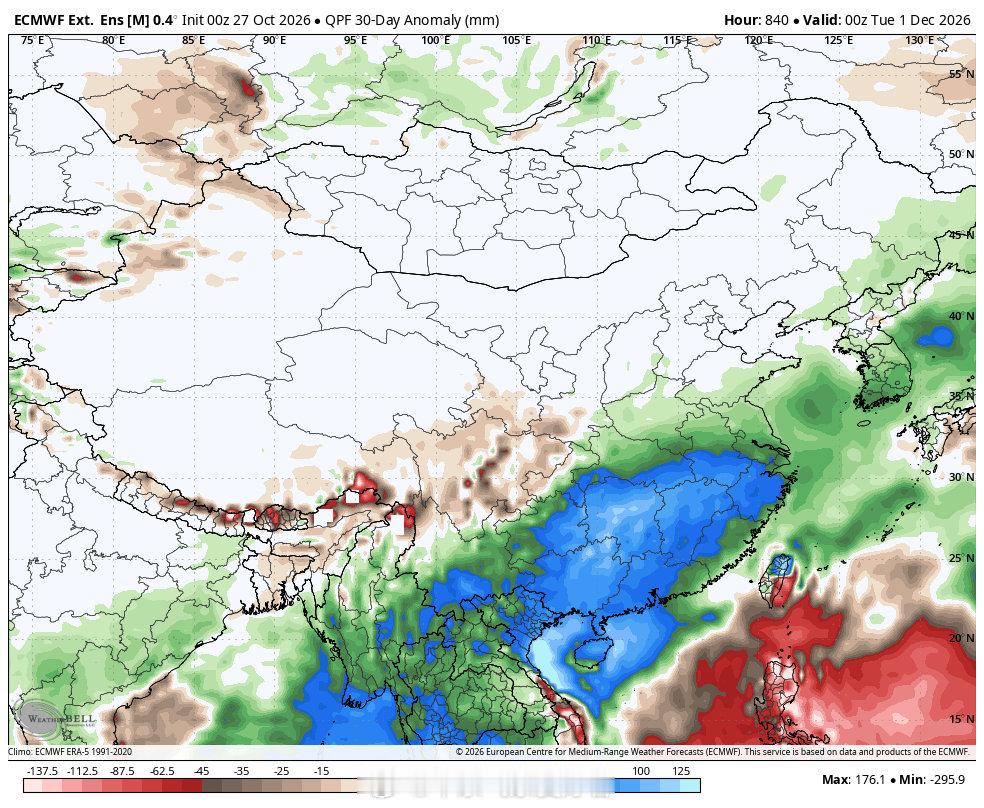 11月的多雨趋势已经确定，多雨区将覆盖除四川盆地附近外的南方大部，其中江南西部北部局地月雨量可能接近200mm，较常年偏多一倍以上。 ​