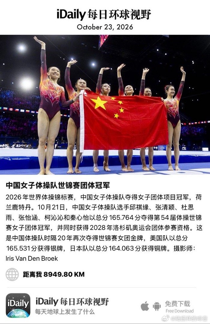 October 23, 2026 - 2026年世界体操锦标赛，中国女子体操队夺得女子团体项目冠军，荷兰鹿特丹。10月21日，中国女子体操队选手邱祺缘、张清颖、杜思雨、张怡涵、柯沁沁和秦心怡以总分165.764分夺得第54届体操世锦赛女子团体冠军，并同时获得2028年洛杉矶奥 ​