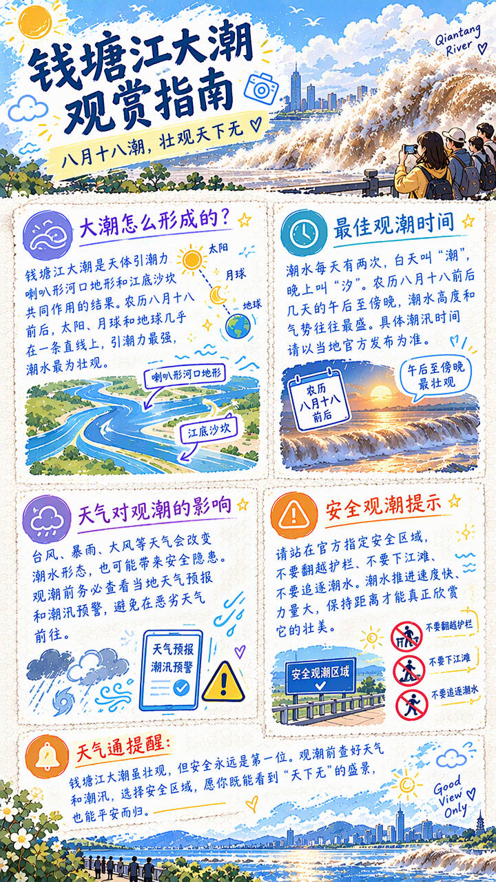 【秋光正好·双节同行】Day 4｜钱塘江大潮观赏指南

农历八月十八前后，钱塘江大潮迎来最壮观的时刻。🌊 

大潮的形成是“天时地利”共同作用的结果：天体引潮力、喇叭形河口地形和江底沙坎缺一不可。农历八月十八前后，太阳、月球和地球几乎在一条直线上，引潮力最强，潮水最为壮观。潮水每天有两次，白天叫“潮”，晚上叫“汐”，午后至傍晚气势最盛，具体时间以当地官方发布为准。

观潮前一定要查好天气预报和潮汛预警，台风、暴雨、大风不仅会改变潮水形态，还可能带来安全隐患。#假期天气变化比计划更快# 请站在官方指定安全区域，不翻越护栏、不下江滩、不追逐潮水，保持距离才能真正欣赏它的壮美。#假期每一程都有天气通# #国庆去哪天气更合适#

天气通提醒：钱塘江大潮虽壮观，但安全永远是第一位。观潮前查好天气和潮汛，选择安全区域，愿你既能看到“天下无”的盛景，也能平安而归。天气通陪你安全观潮。