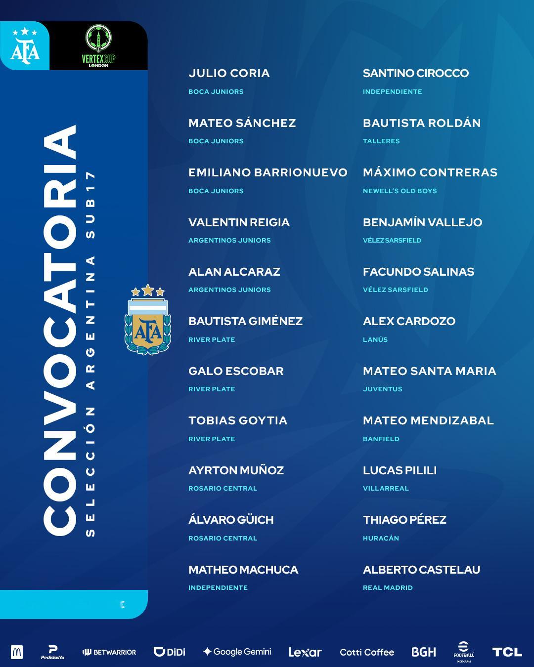 阿根廷U17国家队将前往伦敦参加Vertex杯与国足交手🇦🇷🇨🇳

由迭戈·普拉森特执教的阿根廷U17国家队，正继续为即将在卡塔尔举行的U17世界杯进行备战。该赛事将于11月19日至12月13日打响。

作为备战计划的一部分，球队将前往伦敦参加“Vertex杯”国际邀请赛。这项赛事将帮助球队继续积累比赛时 ​