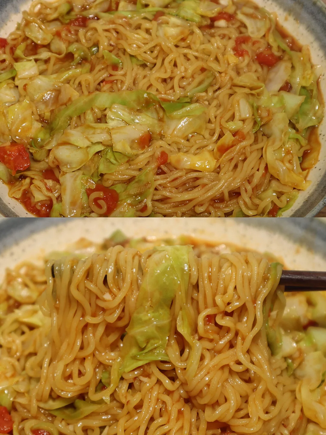 好吃到上天‼️茄汁圆白菜炒方便面🍅超快