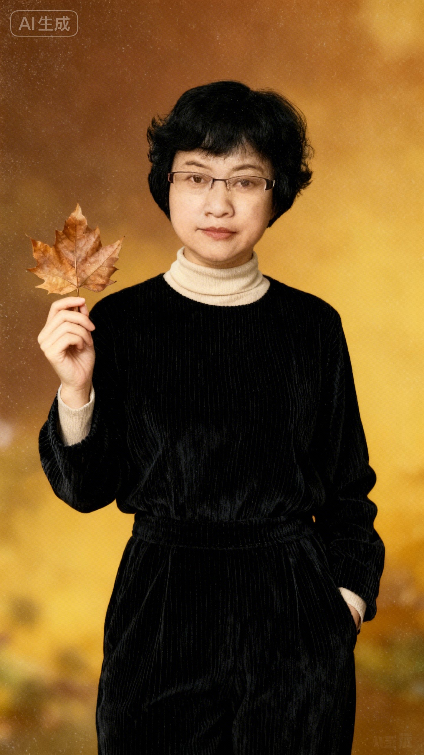 58岁气质美女身着黑色灯芯绒套装，内搭浅杏色高领衫，黑色短发，端庄优雅...