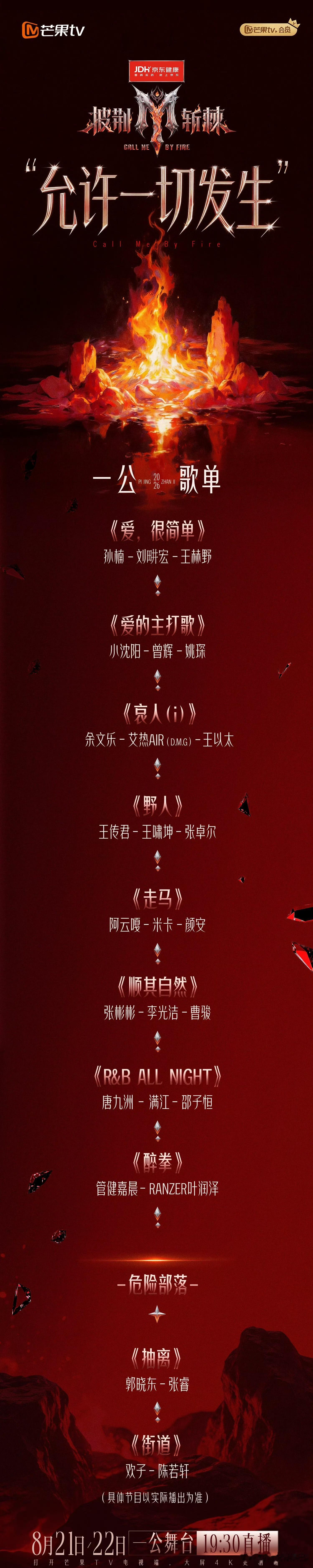 《披荆斩棘2026》一公直播歌单官宣

今晚19:30一公（上）直播开启，周六19:30一公（下）直播！ ​​​哥哥们的舞台今晚来袭，谁将遗憾淘汰？
据悉，2组危险团将进入前二才能赢得胜利，脱离淘汰风险！
网传【上半场周五表演】
《爱的主打歌》小沈阳、曾辉、姚琛
《顺其自然》张彬彬、曹骏、李光洁
《