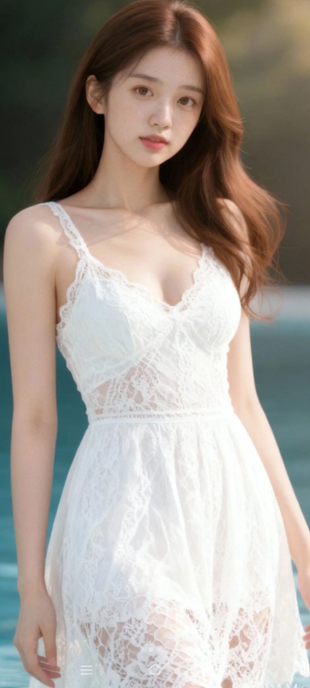 这位小姐姐穿着白色蕾丝裙，好漂亮！