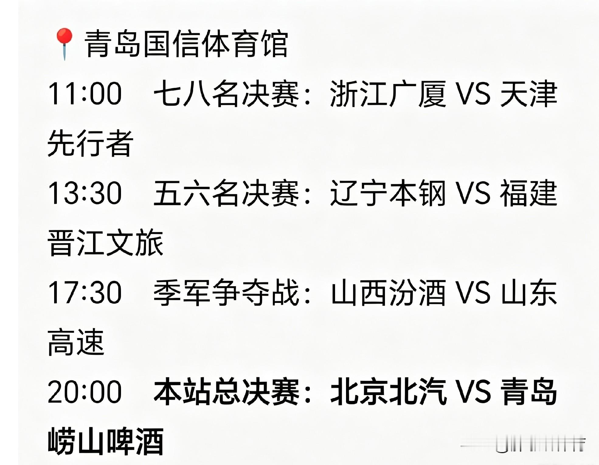 9月6日CBA夏季联赛青岛站 
收官赛程表

经过一日半决赛的较量，CBA夏季联赛青岛站即将迎来收官之日，全部比赛依旧在青岛国信体育馆进行，各个名次争夺战依次上演。
 
上午11:00，浙江广厦与天津先行者率先打响七八名排位战；13:30，辽宁本钢对阵福建晋江文旅，决出本站五六名归属。傍晚17:30