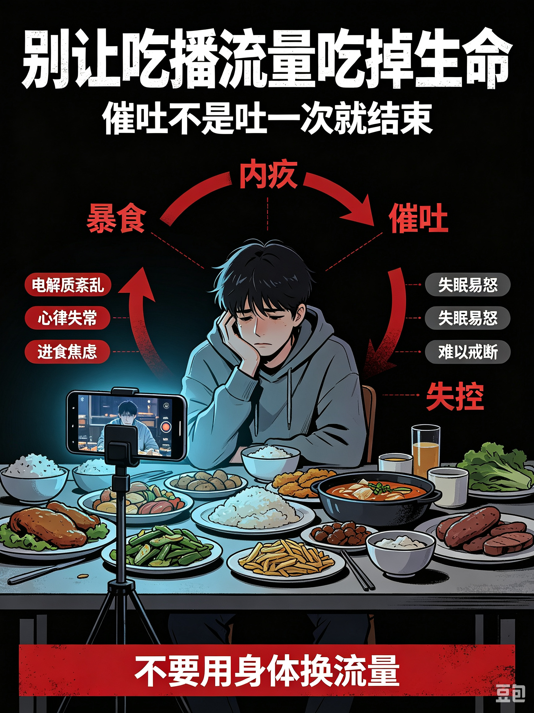 #蜀安之声##这样的吃播该全面叫停了# ⚠️
24岁网红长期催吐离世，给所有人敲响警钟。
 
很多人以为催吐只是吐掉食物，大胃吃播拍完吐完就万事大吉。
现实是一旦开始，就会陷入暴食→内疚→催吐→更加失控的恶性循环。
 
身体上：钾钠流失电解质崩盘，肌肉无力、心律失常，严重直接心脏骤停。
心理上： ​