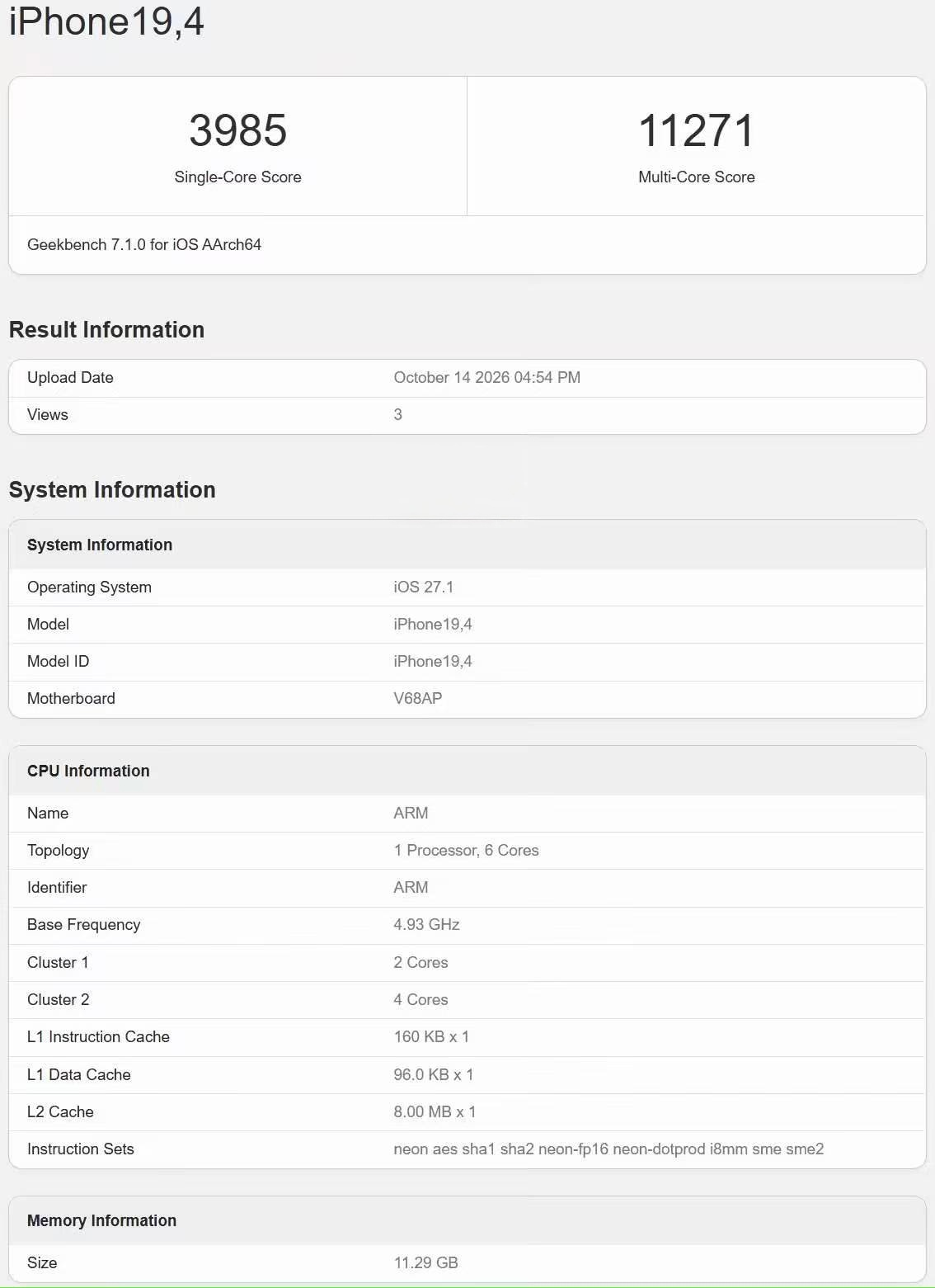 型号为“iPhone19,4”的苹果手机昨日（10 月 14 日）现身 GeekBench 跑分库，目前显示关于 CPU、GPU 和 AI 的多条跑分记录。基于苹果型号列表等信息，该手机关联苹果首款折叠 iPhone Duo。

在 GeekBench 跑分平台上，目前 iPhone Duo 在 GeekBench 7 CPU 中共有 6 条记录，在 GeekBench 7 GPU 中共有  ​