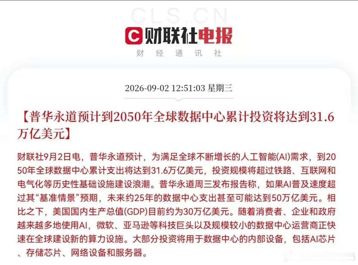 突发利好！大科技又迎来了利好
​​​​​​​​​​​​超级利好！  普华永道重磅预测出炉，未来二十多年，全球数据中心将迎来史诗级投入，满仓科技股的不要慌，科技股的主线行情不会改变，大行情才刚刚开始…
​中午12点51分，刚刚吃好中饭，一条利好消息就刷屏了，这条消息来的太及时了，太振奋人心 ​