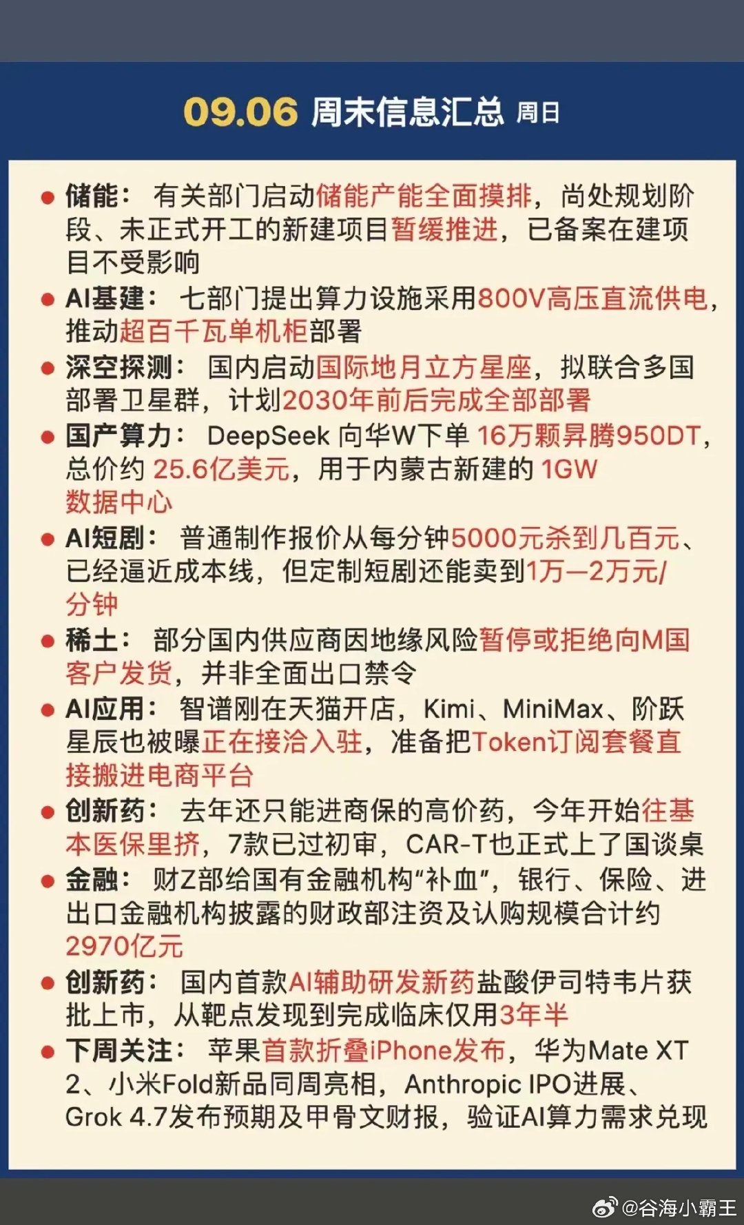 9.06周日  周末市场热议+财经要闻！

1.国产算力
2.大金融
3.创新药
4.苹果，折叠屏
5.智能体，AI应用 ​
