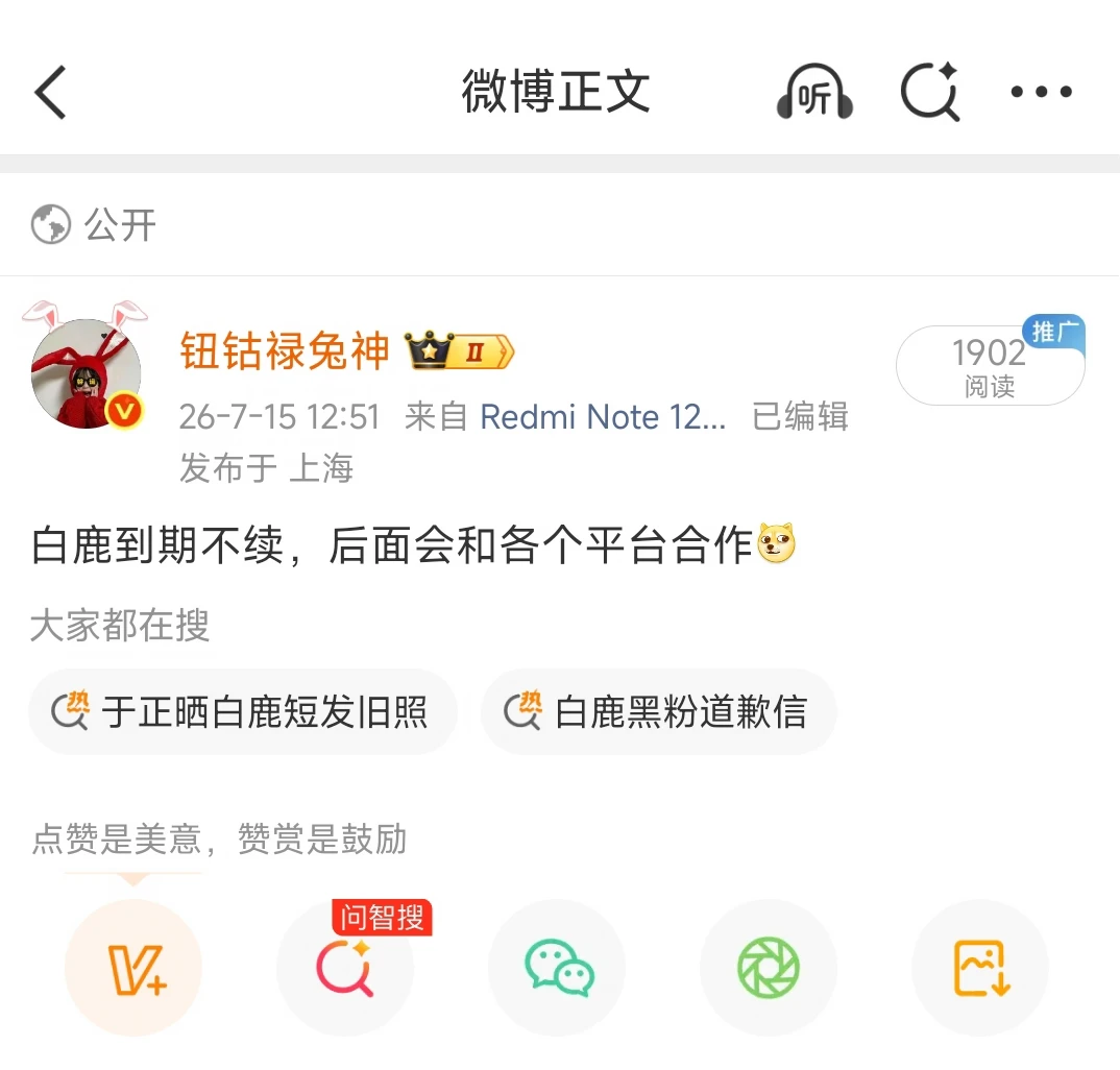 白鹿到期不续