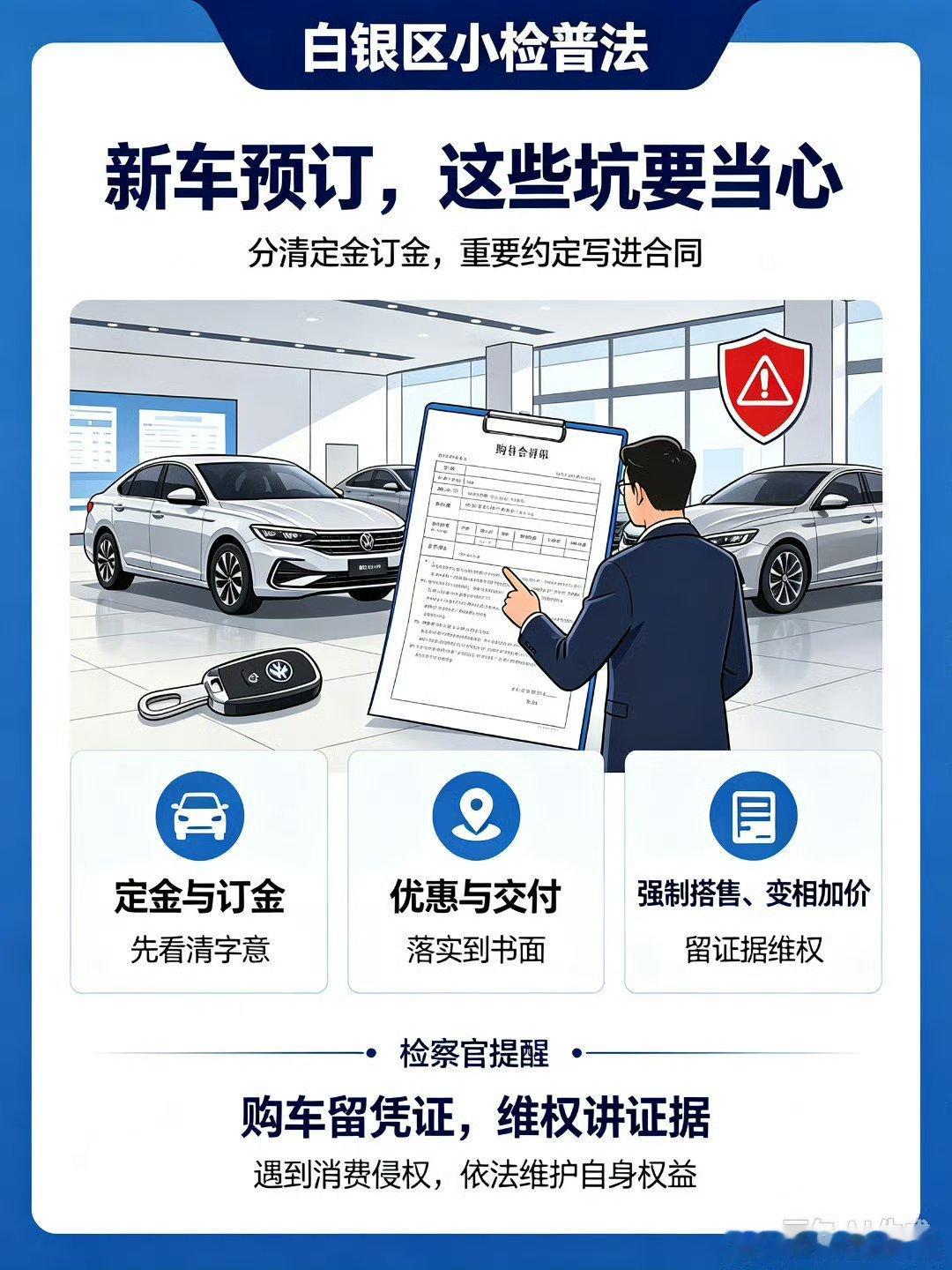 #菏小法提醒您#  ：新车预订购车时，务必分清“定金”与“订金”。仔细阅读购车协议全部条款，不要轻信口头宣传承诺。对于优惠内容、交付时间、违约责任要落实到书面合同，妥善保管订单、聊天记录等凭证。
#白银区小检# 遇到商家强制搭售、变相加价等行为，要注意留存证据，依法维护自身消费权益。 ​