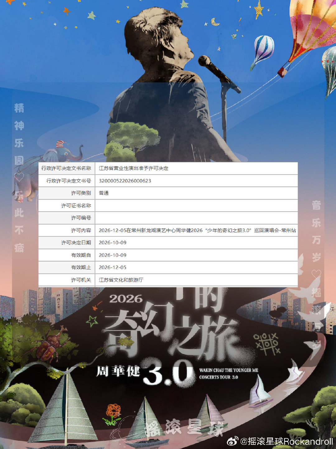 周华健2026“少年的奇幻之旅3.0”巡回演唱会-常州站 审批通过🆕
📆演出时间：2026.12.5
🏟️演出地点：常州新龙湖演艺中心
#周华健[超话]##周华健演唱会##演唱会##常州# ​