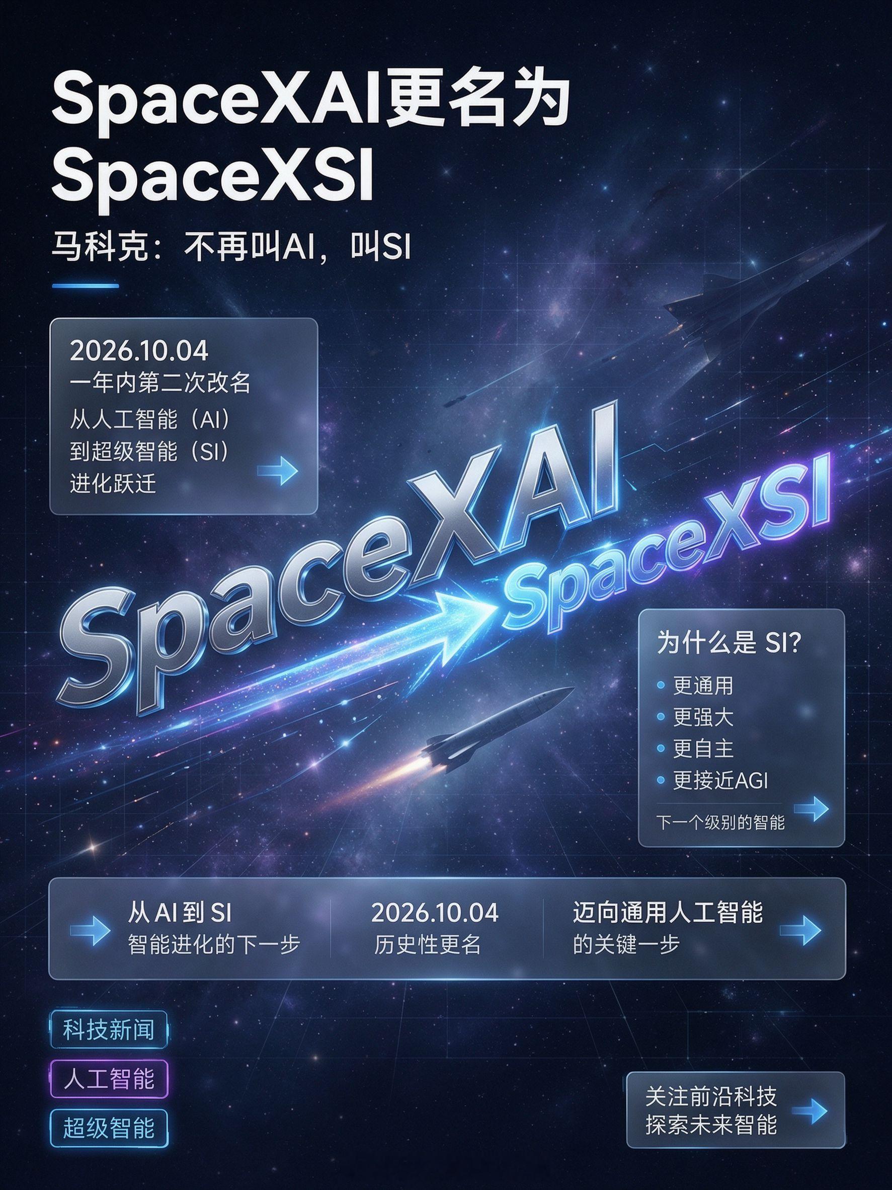#SpaceXAI将改名#
10月4日，马斯克在X平台确认SpaceXAI将更名为SpaceXSI。他发帖称"不再叫AI，叫SI，这样更好"，并表示"SpaceX是一家超级智能公司"。此次改名呼应美国官方近期将"人工智能"改称"超级智能"的趋势。

这是该公司一年内第二次改名。其前身xAI成立于2023年，开发出Grok聊天机器人。今年2月x ​