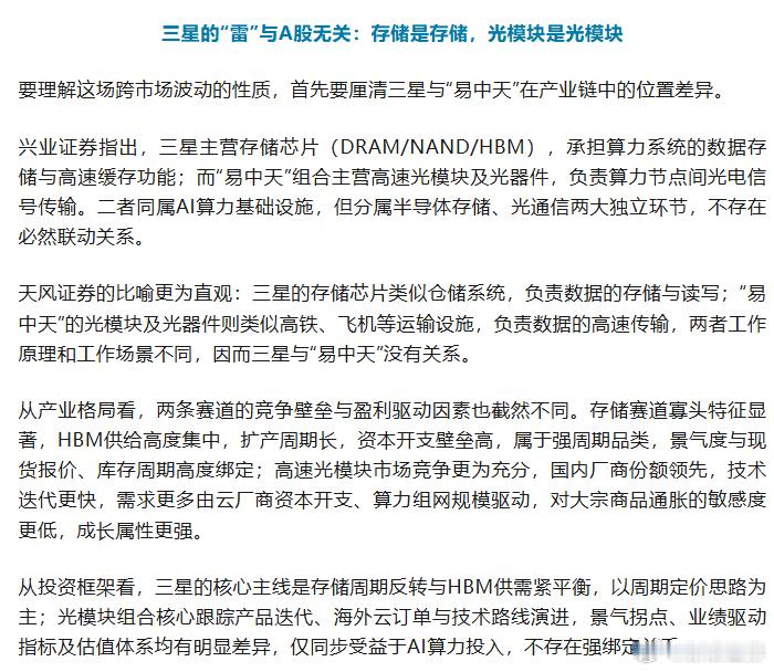 【存储是存储，光模块是光模块！三星“雷”砸出超跌窗口，#券商称三星利空不改光模块景气# “易中天”修复逻辑未改】#三星暴雷砸出光模块超跌窗口# 10月29日，三星电子发布2026年第三季度财报，营收与营业利润虽连续四个季度创历史新高，但净利润不及市场预期，叠加资本开支大幅上调被部分资金解读为中 ​