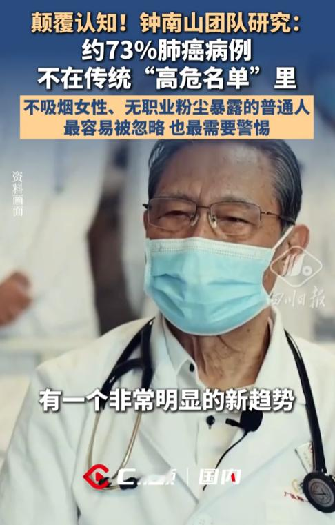 颠覆认知！钟南山院士团队公布新研究：71.10%的偶发肺结节患者有二手烟暴露史，73.20%的肺癌病例出现在非高危人群中，不吸烟、没有职业暴露的女性尤其要关注[微风]

很多人一提肺结节，第一反应还是“老烟民的事”。

可今年4月发表的一项多中心研究，把这个老印象推翻了！

研究来自钟南山院士团队，