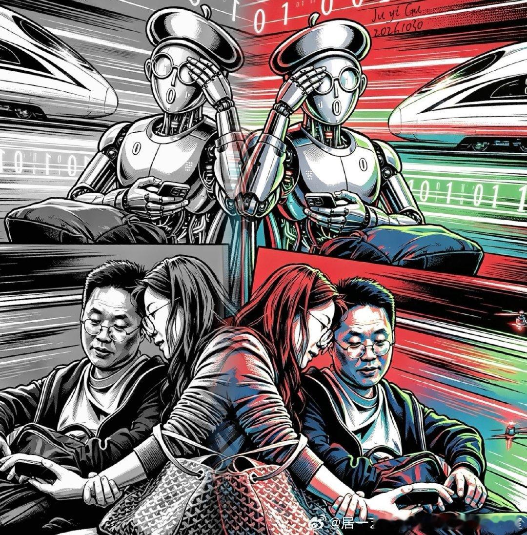 辜居一AI绘画 ｜20261030低头族
 
Gu Juyi AI Painting | A group of people looking down at their phones on October 30， 2026.
 
#人工智能#绘画#低头族#机器人  ​