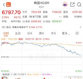 韩国收盘，高开低走，从涨6%，到快跌没，最终韩国KOSPI指数涨0.7...