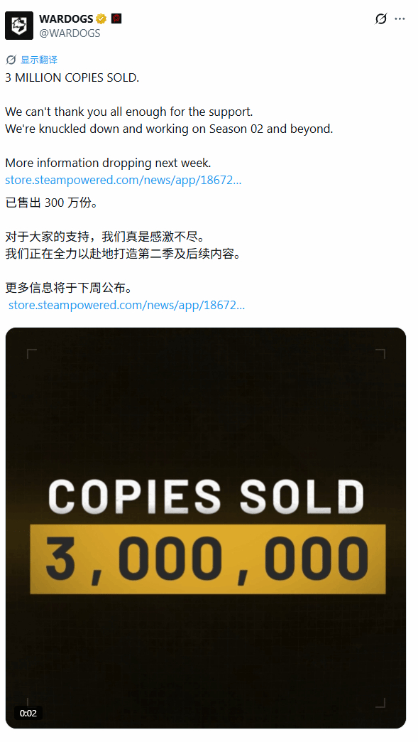 《战狗》（WARDOGS）销量突破300万份！9月27日官方宣布，这款FPS在9月10日开启Steam抢先体验后，仅两周多就达成这一里程碑。此前它9月15日刚破200万，首日破100万，峰值同时在线超过40万人。

玩法很有辨识度：100名玩家分成三支敌对队伍，在256平方公里的大地图上争夺一块随机刷新的2×2公里控制区—— ​