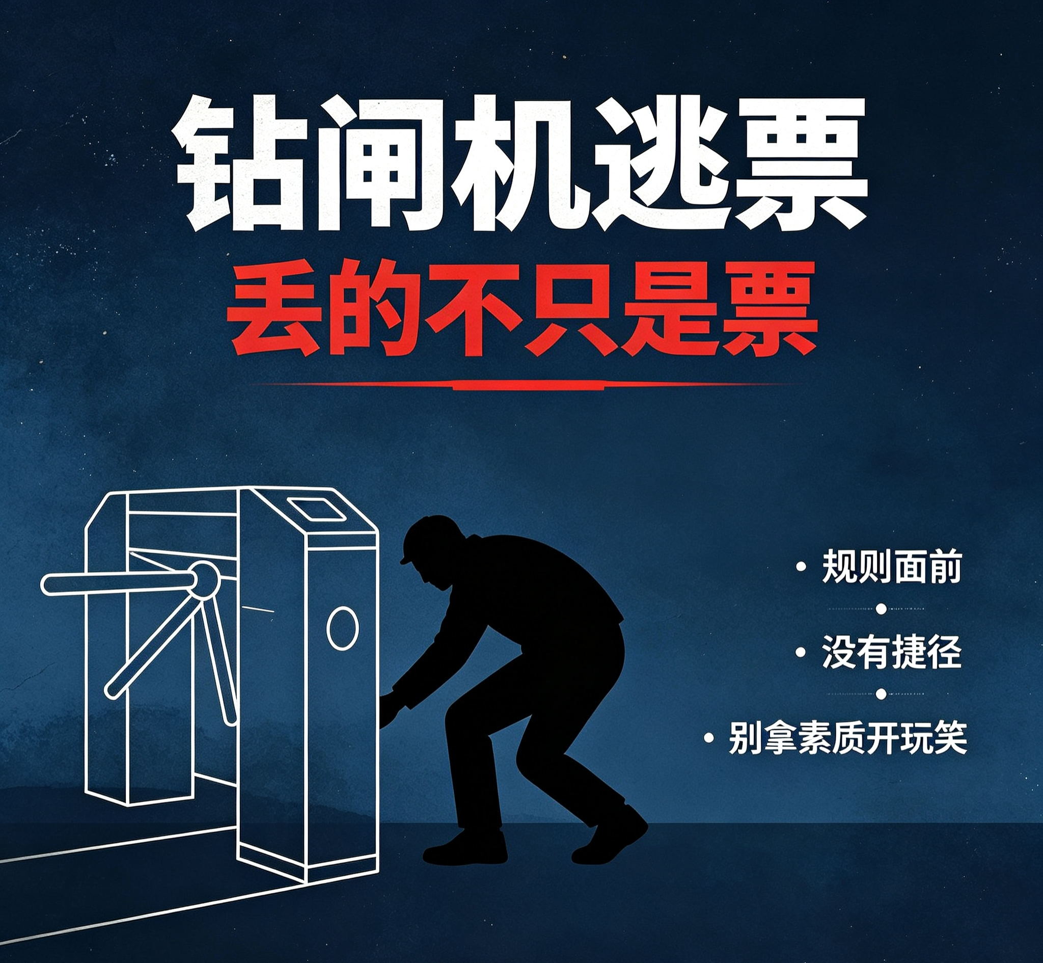多名年轻人钻闸机逃票被曝光，官方回应了：这事真不能一笑而过

 
最近南昌地铁一段视频引发热议：多名年轻人排着队弯腰钻闸机逃票，动作熟练，旁若无人。
 
官方很快回应：已固定证据，将按规定追缴票款。
 
说实话，看到这一幕挺感慨的。一张地铁票几块钱，真的差这点钱吗？
 
有人说&