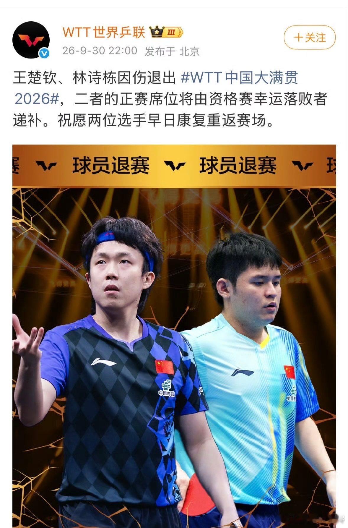 体坛奇妙的事情太多！

王楚钦和林诗栋宣布因伤退出WTT中国大满贯赛事。

王楚钦可能有伤，但是，三金一银的林诗栋怎么也受伤了？

尤其亚运会最后一场男单决赛，生龙活虎的样子。特别是那个跳跃，怎么也看不出有伤。

难道是坐飞机回国后受伤了吗？

很容易让人联想到，王楚钦手感不佳不敢参赛，队内 ​