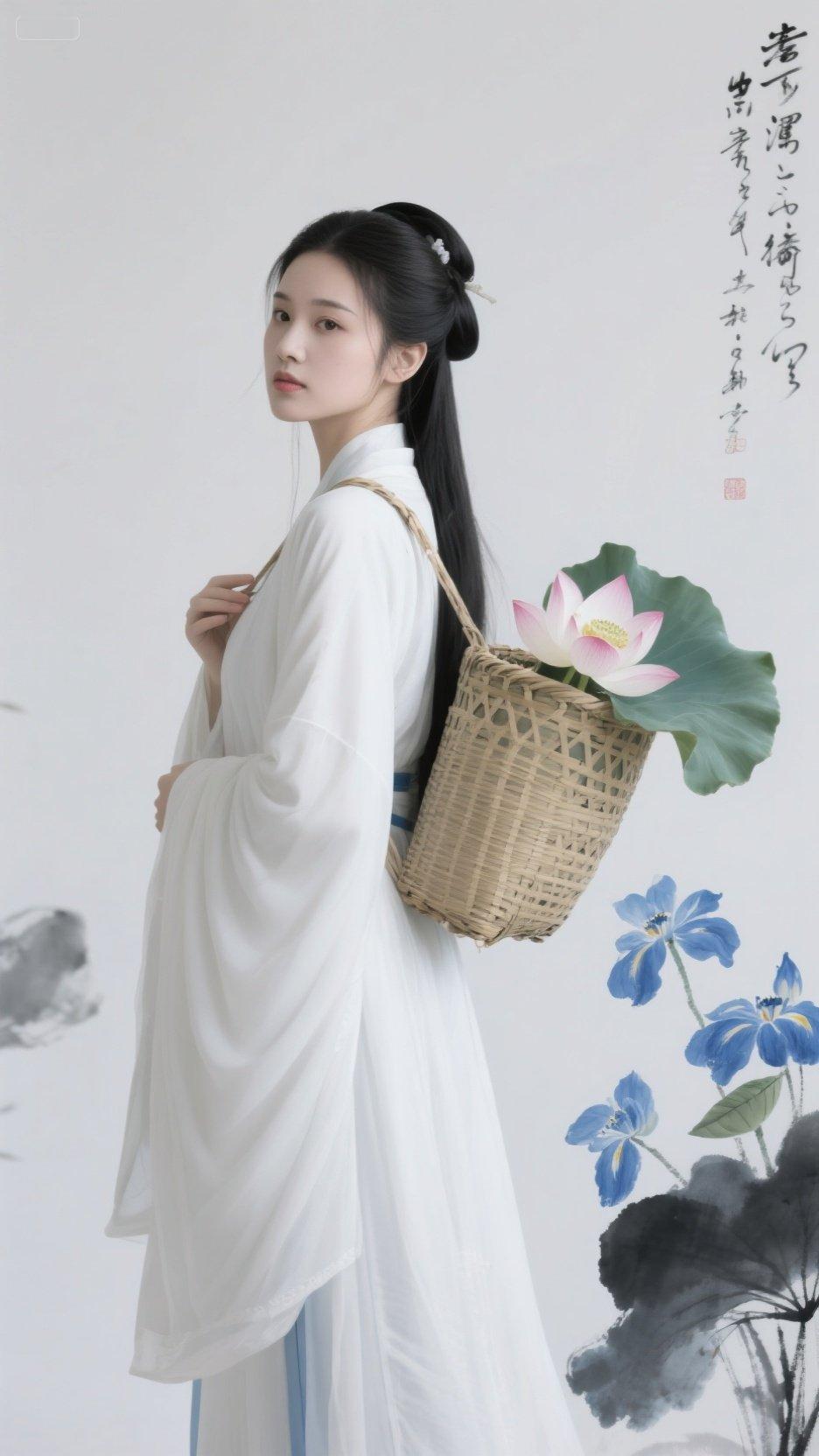 国风写真美出圈！白衫少女负荷采莲，水墨意境里的东方清冷感   当古典汉...