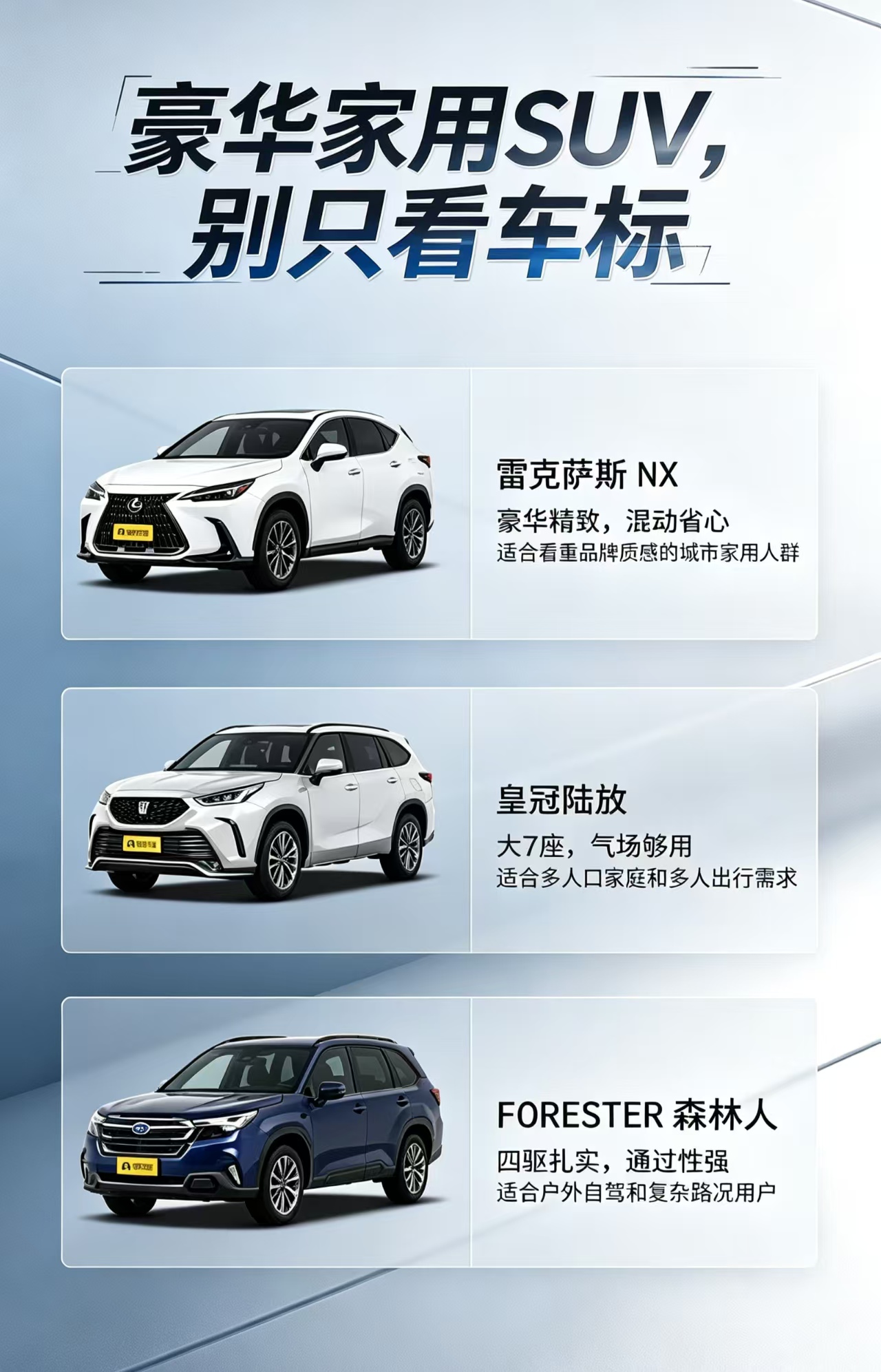 日系豪华SUV，怎么挑？
定位偏向中高端的三台日系 SUV：雷克萨斯 NX、皇冠陆放、森林人，取向完全不一样，一台主打豪华，一台主打大空间家用，一台主打四驱性能，选车别只看车标。
雷克萨斯 NX，豪华氛围感突出，内饰做工精致，混动版本油耗友好，整车品控与保值率表现优秀，座椅舒适性出色。短板动力输出偏