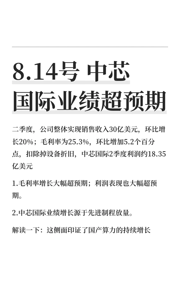 8.14号 中芯国际业绩超预期