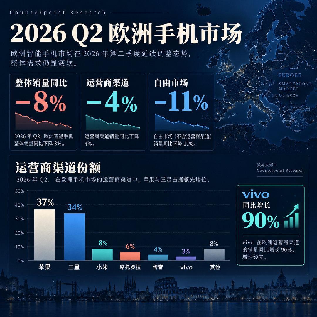 【数码快讯】Counterpoint Research 报告显示，2026 年第二季度欧洲智能手机销量同比下降 8%，其中运营商渠道下降 4%，自由市场下降 11%。运营商渠道份额方面，苹果为 37%，三星为 34%；vivo 在该渠道的销量同比增长 90%。#欧洲手机市场##2026年第二季度##运营商渠道##智能手机销量##手机市场观察# ​