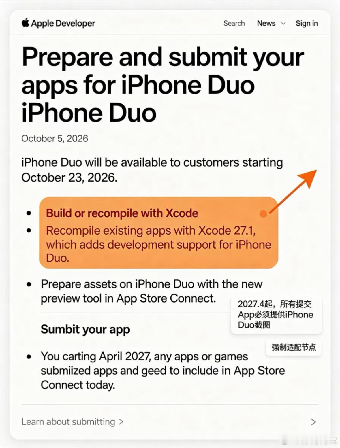 彭博社 | iPhone Duo开放应用适配、RTX Spark OLED屏由三星LG包揽、触屏MacBook Pro下月发布

BLOOMBERG NEWS

彭博社电讯

2026年10月7日

作者 | 宋星野　记者 | 袁林青

iPhone Duo 本月 23 日上市开放适配应用提交

据快科技 10 月 6 日消息，苹果首款折叠屏 iPhone Duo 将于 10 月 23 日上市，即 ​