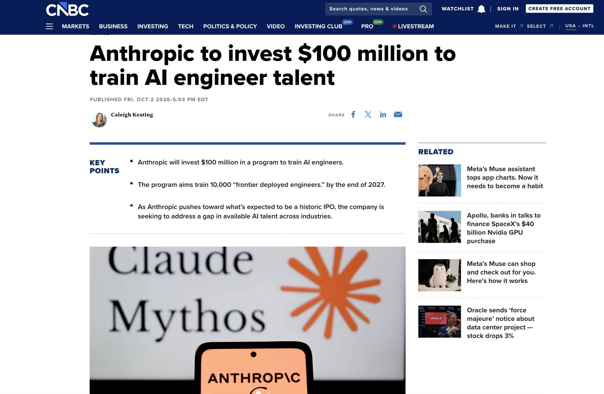Anthropic 要花 1 亿美元，培养 1 万名 AI 工程师

Anthropic 宣布成立 Claude Frontier Academy，目标是在 2027 年底前培养 1 万名 Frontier Deployed Engineers（前沿部署工程师），帮助企业把 AI 从构想推进到正式上线。

这批工程师主要来自客户与合作伙伴，包括 Accenture、Deloitte、McKinsey、M ​
