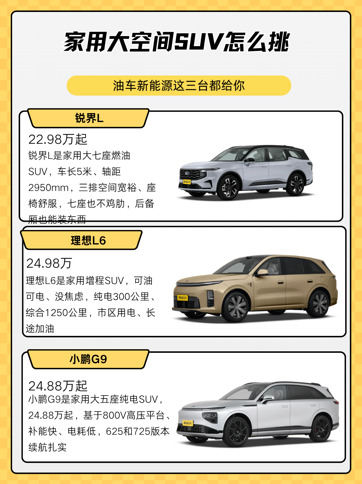 家用买SUV，空间永远是绕不开的话题。后排坐得下老人孩子、后备厢装得下婴儿车和行李，全家出行才不狼狈。有的人就认燃油，加油就走；有的人想要新能源，省油、配置高。锐界L、理想L6、小鹏G9，正好覆盖油车和新能源。这篇我就从家用空间的角度，把三台聊清楚，看看哪台更适合你家。
锐界L
官方指导价：22.9