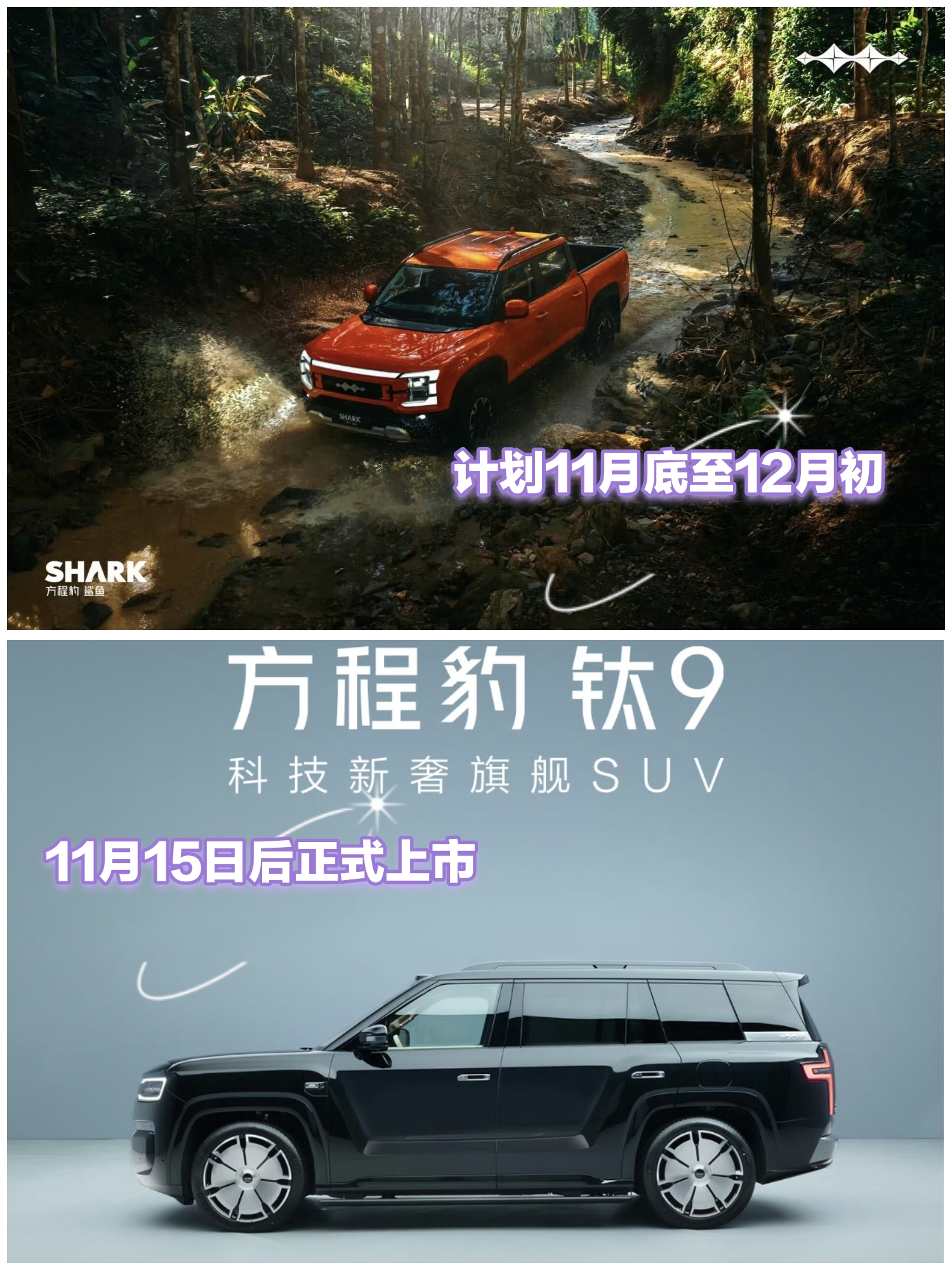 方程豹钛9将在11月中旬正式发布，也就是在11月15日后上市。鲨鱼皮卡计划在11月底至12月初同步上市。

腾势这边，预热已久的腾势N8将在10月26日开始小订，11月正式上市。

仰望这边，仰望品牌超豪华行政轿车HU会在阿联酋率先亮相。

海洋网这边，第二代海鸥已经上市，接下来就该比亚迪海豹07了