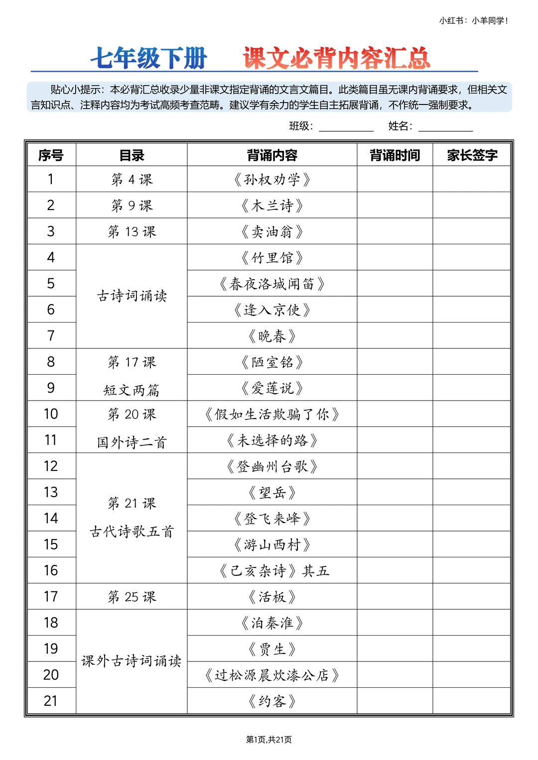 七年级下册丨初一语文下册必背内容汇总