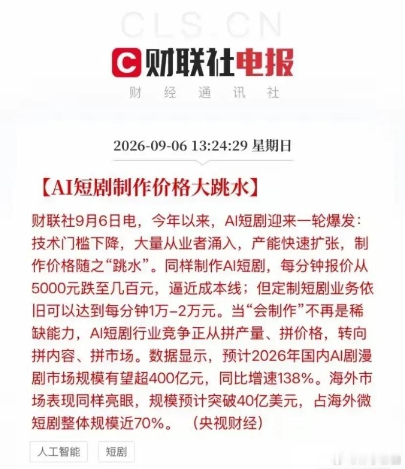 今年以来AI短剧承制报价从每分钟5000元一路跌到几百元，逼近算力成本线。一个直观的案例是《斩仙台真人AI版》12人、30天、10万元算力成本，上线6天播放破亿；《霍去病》以3000元成本创下5亿播放。

AI短剧制作成本大跳水，本质是视频大模型把"拍摄"这个曾经最贵的环节打成了一项算力开销。短期看是供给 ​